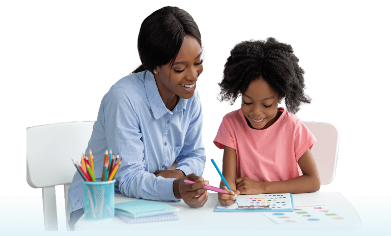 stock-photo-cute-little-black-girl-with-bushy-hair-exercising-at-daycare-sitting-at-table-with-friendly-female-2122947122 2